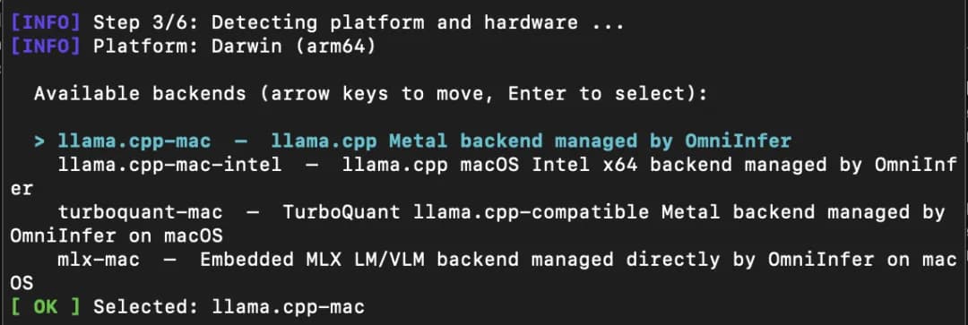 OmniInfer 推理后端选择界面